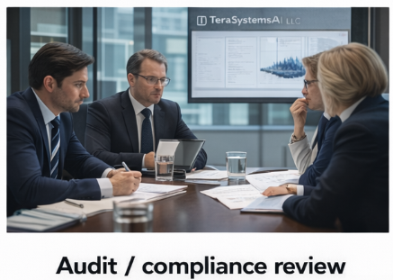 Audit and compliance review meeting across an executive table